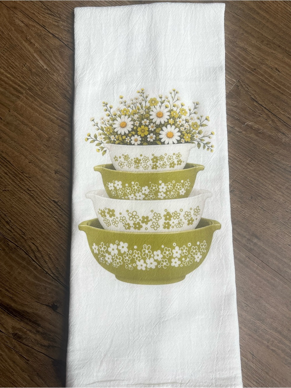 White Kitchen Towel with Olive Green Floral Bowl Stack Design - Unbranded